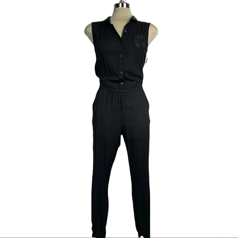 Elegant Jumpsuit Black Embellished  Sequin Pocket Size S - Picture 8 of 9